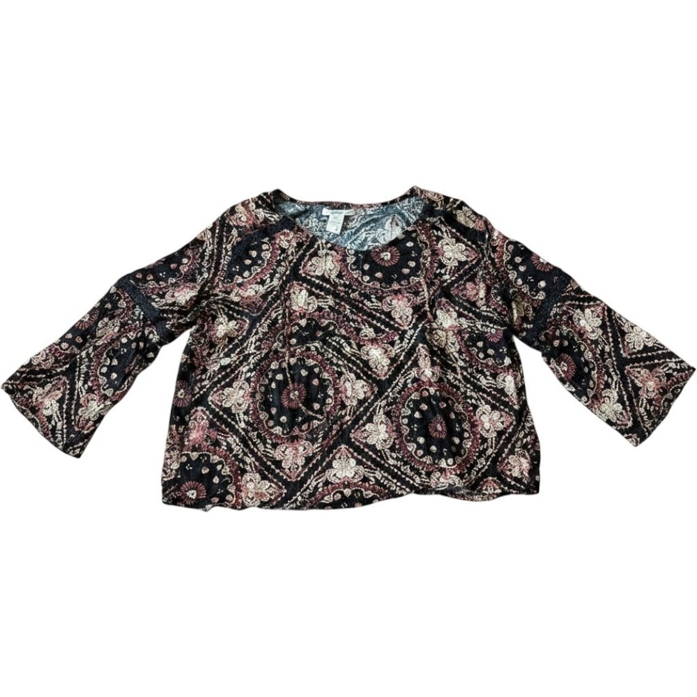 American Rag Plus 3X Boho Peasant Top Bell Sleeve Black Floral Festival Chic